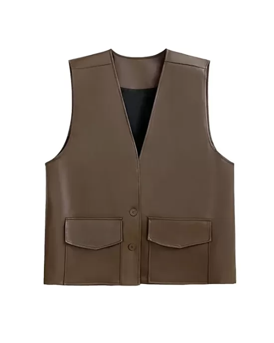 Buttoned Pockets Solid Color Loose Sleeveless V-neck Vest Outerwear