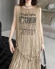 Asymmetric Letter Print Pleated Loose Sleeveless Round-Neck Vest Top