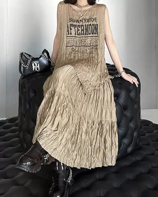 Asymmetric Letter Print Pleated Loose Sleeveless Round-Neck Vest Top