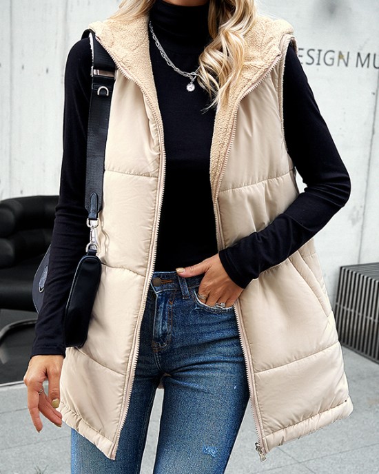 Loose Sleeveless Pockets Quilted Reversible Zipper Hooded Padded Vest Vest Outerwear