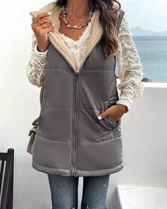 Loose Sleeveless Pockets Quilted Reversible Zipper Hooded Padded Vest Vest Outerwear