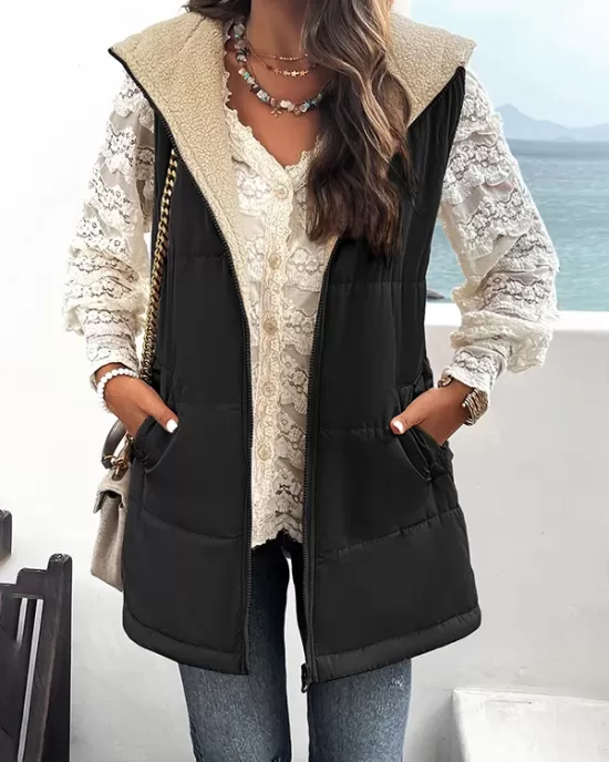 Loose Sleeveless Pockets Quilted Reversible Zipper Hooded Padded Vest Vest Outerwear