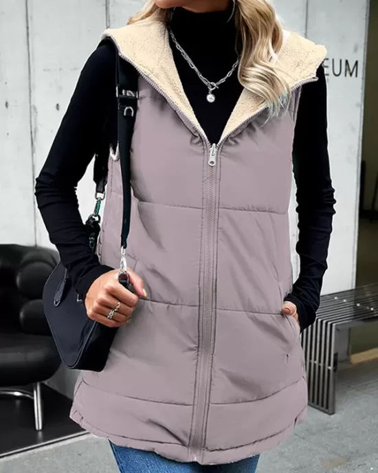 Loose Sleeveless Pockets Quilted Reversible Zipper Hooded Padded Vest Vest Outerwear