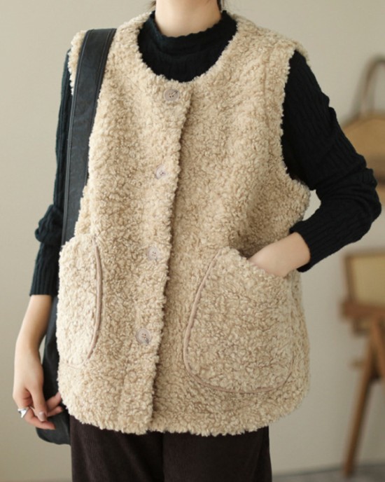 Buttoned Pockets Loose Sleeveless Round-Neck Vest Outerwear