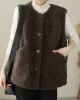 Buttoned Pockets Loose Sleeveless Round-Neck Vest Outerwear