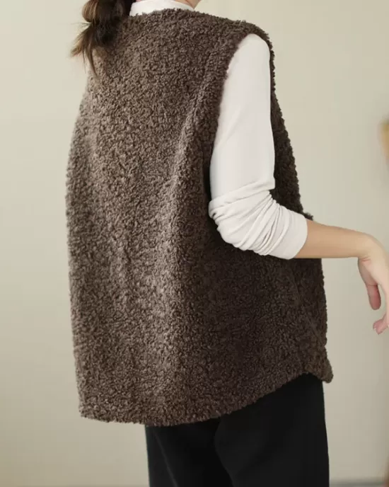 Buttoned Pockets Loose Sleeveless Round-Neck Vest Outerwear