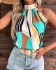 Pleated Printed Loose Sleeveless Halter-Neck Vest Top