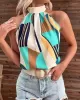 Pleated Printed Loose Sleeveless Halter-Neck Vest Top