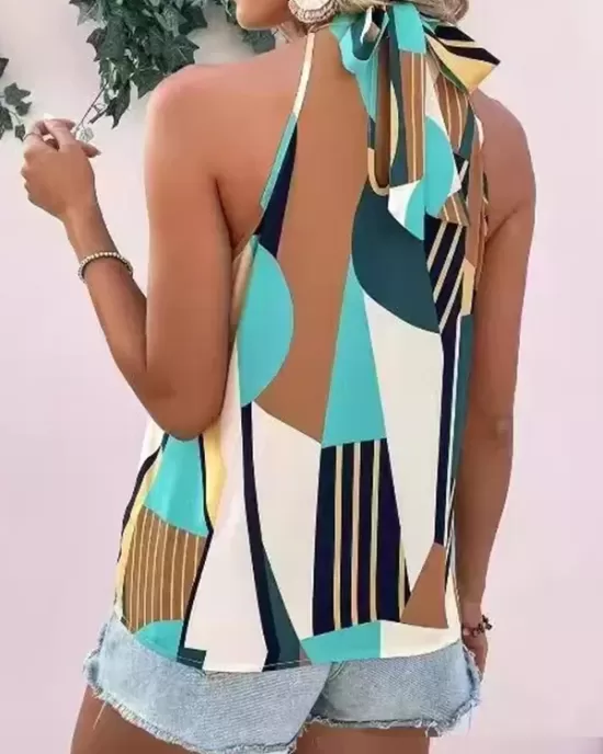 Pleated Printed Loose Sleeveless Halter-Neck Vest Top