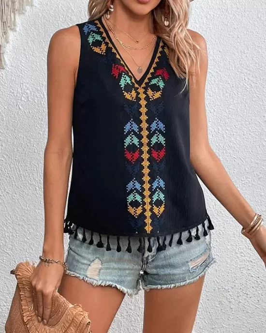 Embroidered Tasseled Loose Sleeveless V-Neck Vest Top