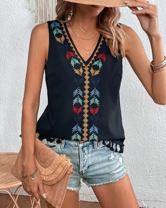 Embroidered Tasseled Loose Sleeveless V-Neck Vest Top