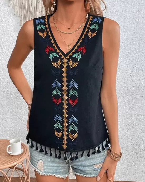 Embroidered Tasseled Loose Sleeveless V-Neck Vest Top