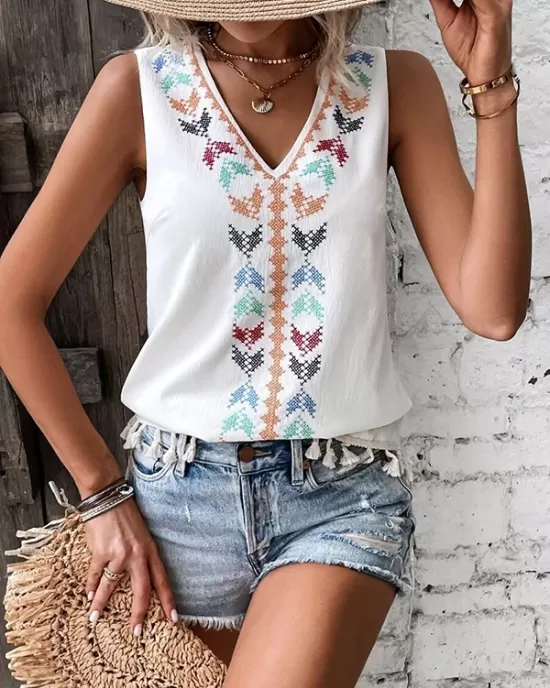 Embroidered Tasseled Loose Sleeveless V-Neck Vest Top