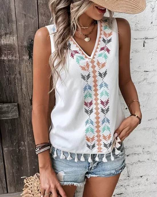 Embroidered Tasseled Loose Sleeveless V-Neck Vest Top