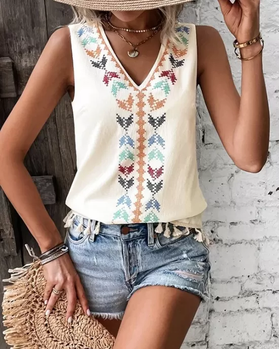 Embroidered Tasseled Loose Sleeveless V-Neck Vest Top