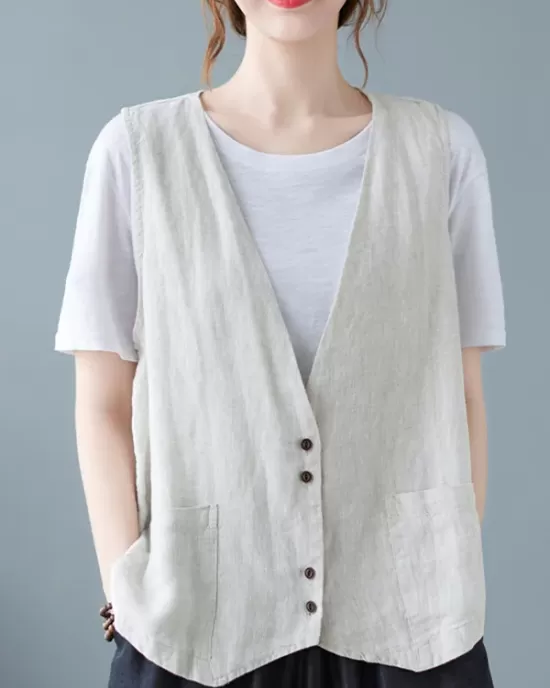 Simple Loose V-Neck Solid Color Vest