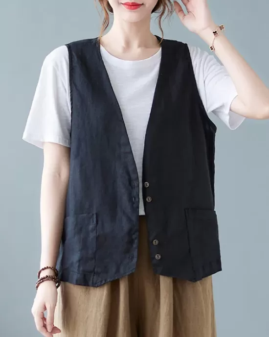 Simple Loose V-Neck Solid Color Vest