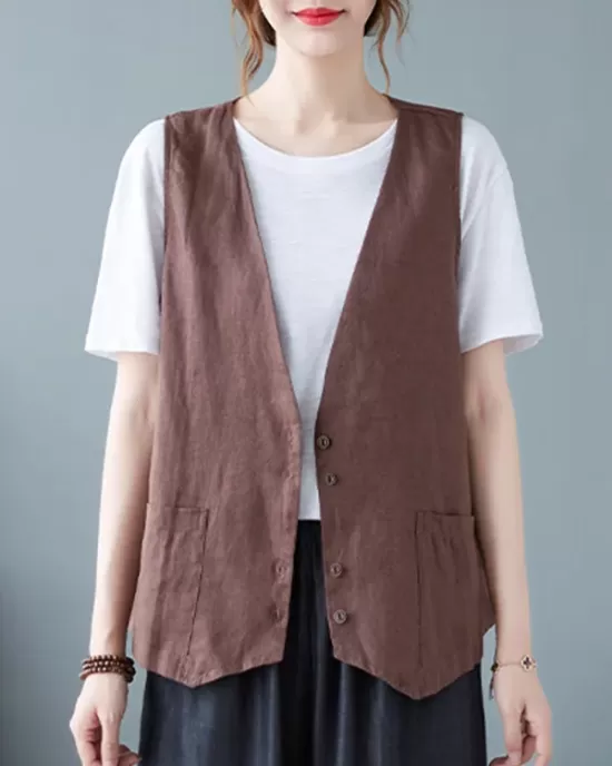 Simple Loose V-Neck Solid Color Vest