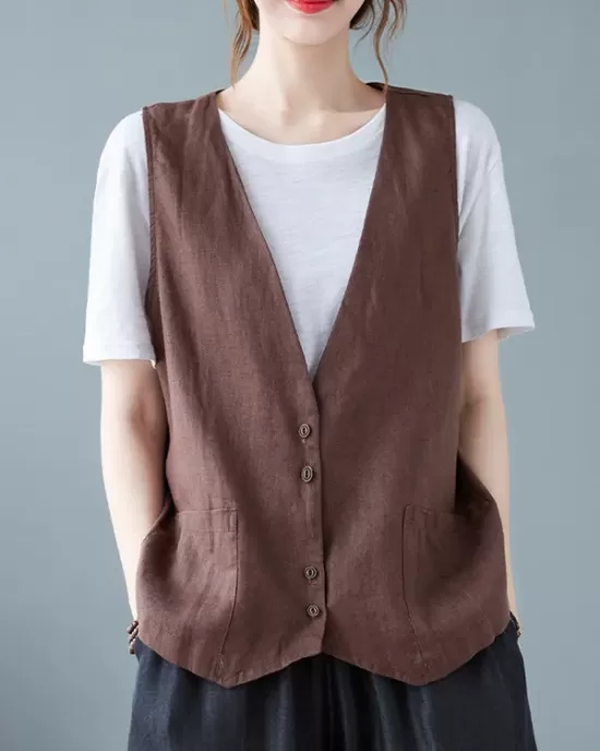 Simple Loose V-Neck Solid Color Vest