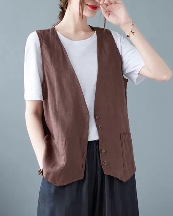 Simple Loose V-Neck Solid Color Vest