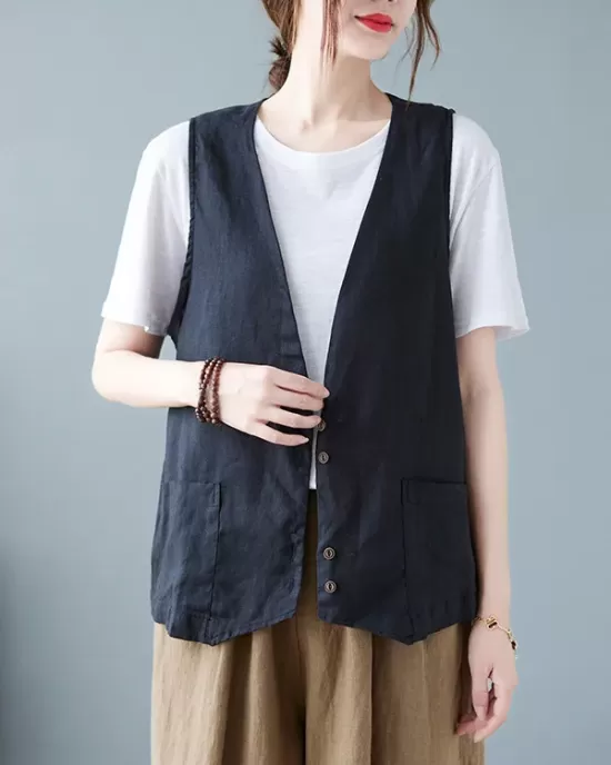 Simple Loose V-Neck Solid Color Vest