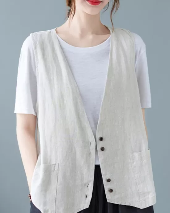 Simple Loose V-Neck Solid Color Vest