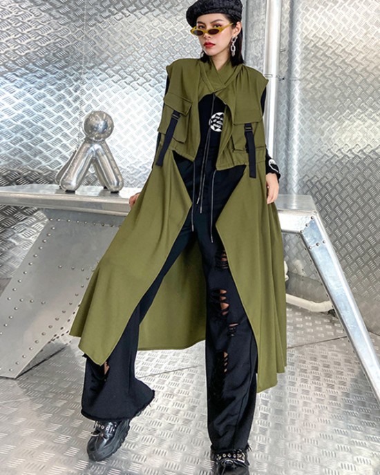 Casual Asymmetric Split-Joint Drawstring Vest Dress Outerwear