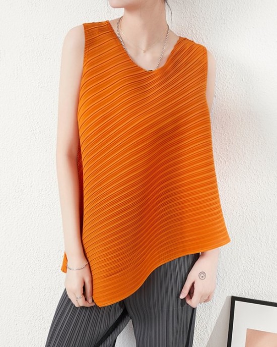 Simple Loose Sleeveless Pleated Asymmetric Solid Color Round-Neck Vest Top