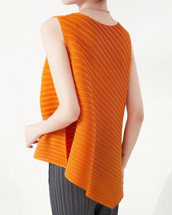 Simple Loose Sleeveless Pleated Asymmetric Solid Color Round-Neck Vest Top