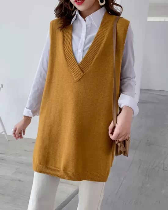 Trendy Sleeveless Split-Side Solid Color V-Neck Knitted Vest