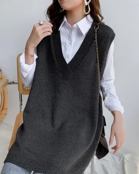 Trendy Sleeveless Split-Side Solid Color V-Neck Knitted Vest