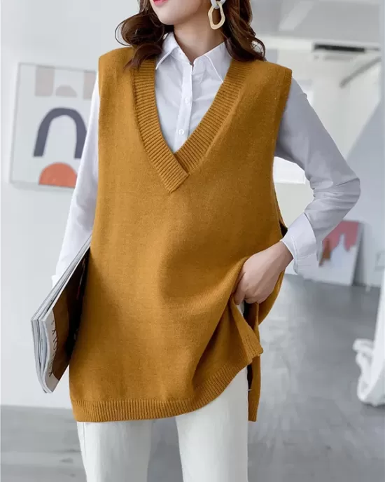 Trendy Sleeveless Split-Side Solid Color V-Neck Knitted Vest