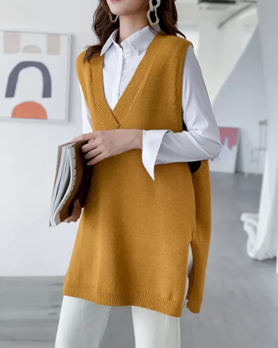 Trendy Sleeveless Split-Side Solid Color V-Neck Knitted Vest