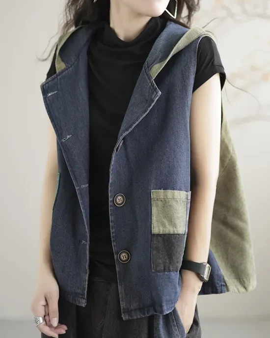 Artistic Retro Loose Denim Sleeveless Buttoned Contrast Color Hooded Vest Outerwear