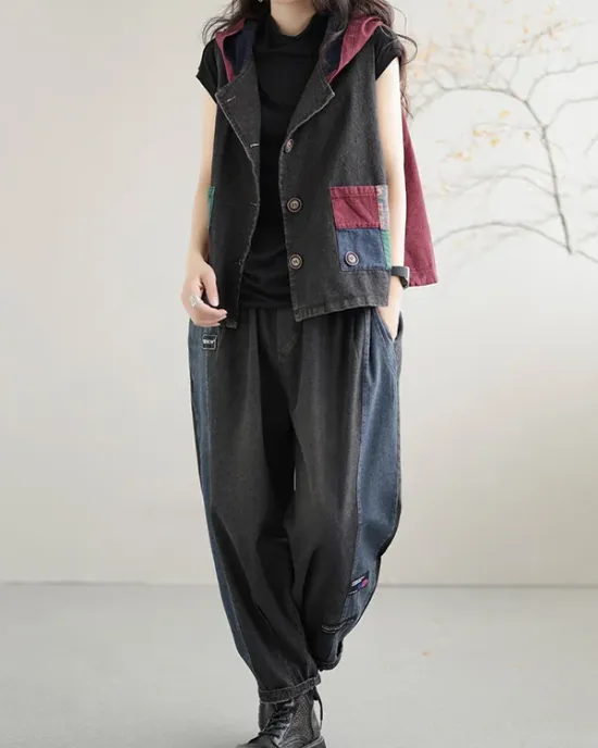 Artistic Retro Loose Denim Sleeveless Buttoned Contrast Color Hooded Vest Outerwear