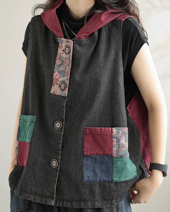 Artistic Retro Loose Denim Sleeveless Buttoned Contrast Color Hooded Vest Outerwear