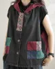 Artistic Retro Loose Denim Sleeveless Buttoned Contrast Color Hooded Vest Outerwear