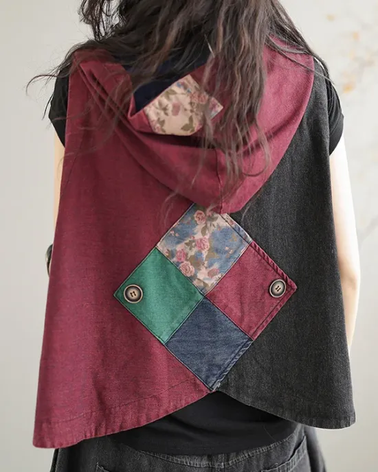 Artistic Retro Loose Denim Sleeveless Buttoned Contrast Color Hooded Vest Outerwear