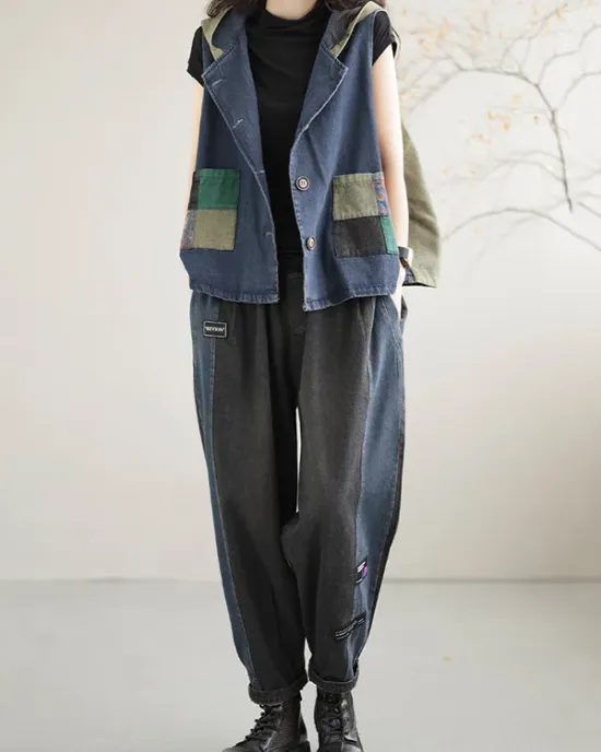 Artistic Retro Loose Denim Sleeveless Buttoned Contrast Color Hooded Vest Outerwear