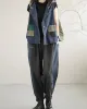 Artistic Retro Loose Denim Sleeveless Buttoned Contrast Color Hooded Vest Outerwear