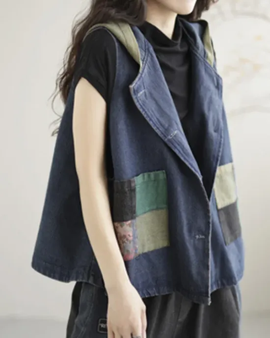 Artistic Retro Loose Denim Sleeveless Buttoned Contrast Color Hooded Vest Outerwear