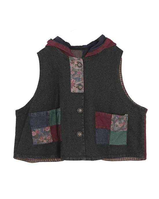 Artistic Retro Loose Denim Sleeveless Buttoned Contrast Color Hooded Vest Outerwear