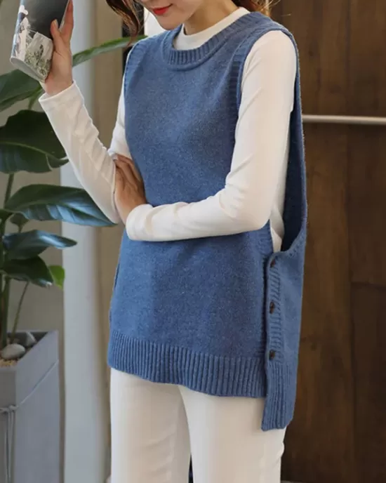 Simple Sleeveless Loose Buttoned Solid Color Round-Neck Sweater Vest Outerwear