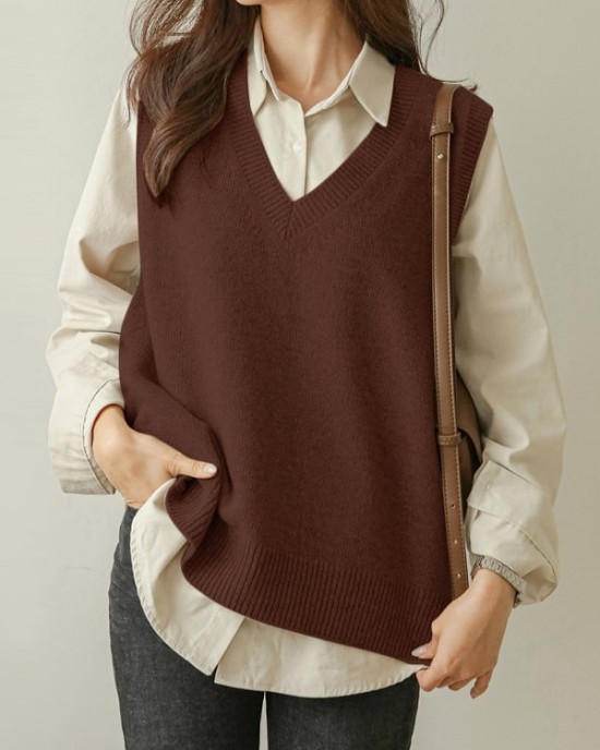 Casual Loose Sleeveless Solid Color V-Neck Sweater Vest Outerwear