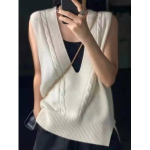 Casual Loose Knitting Sleeveless Solid Color V-Neck Vest Top