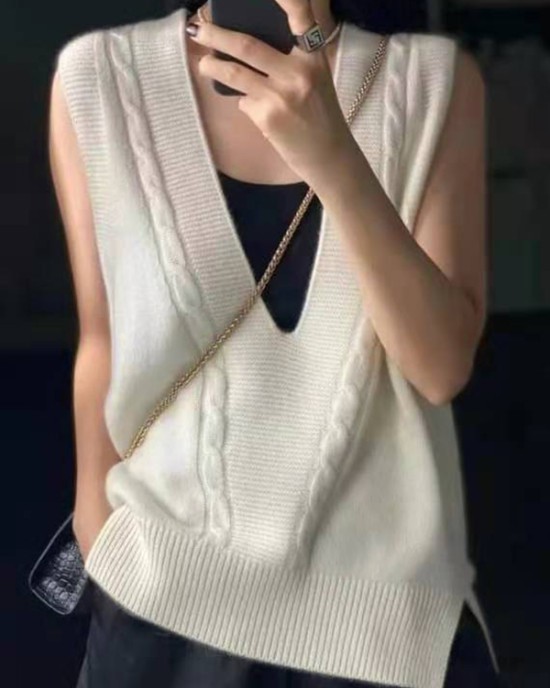 Casual Loose Knitting Sleeveless Solid Color V-Neck Vest Top