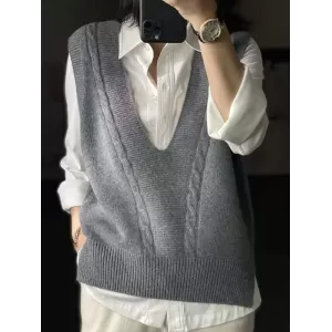 Casual Loose Knitting Sleeveless Solid Color V-Neck Vest Top