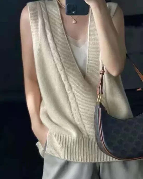 Casual Loose Knitting Sleeveless Solid Color V-Neck Vest Top