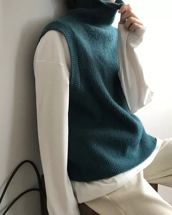 Casual Loose Sleeveless Solid Color High-Neck Sweater Vest Outerwear