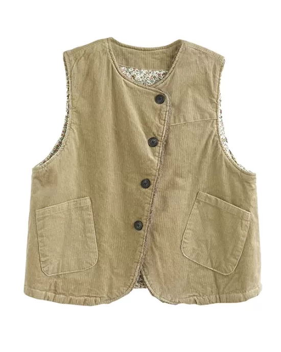 Vintage Sleeveless Loose Buttoned Split-Joint Solid Color Round-Neck Vest Outerwear